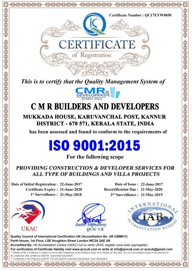 ISO 9001:2015 Certificate - CMR Builders and Developers