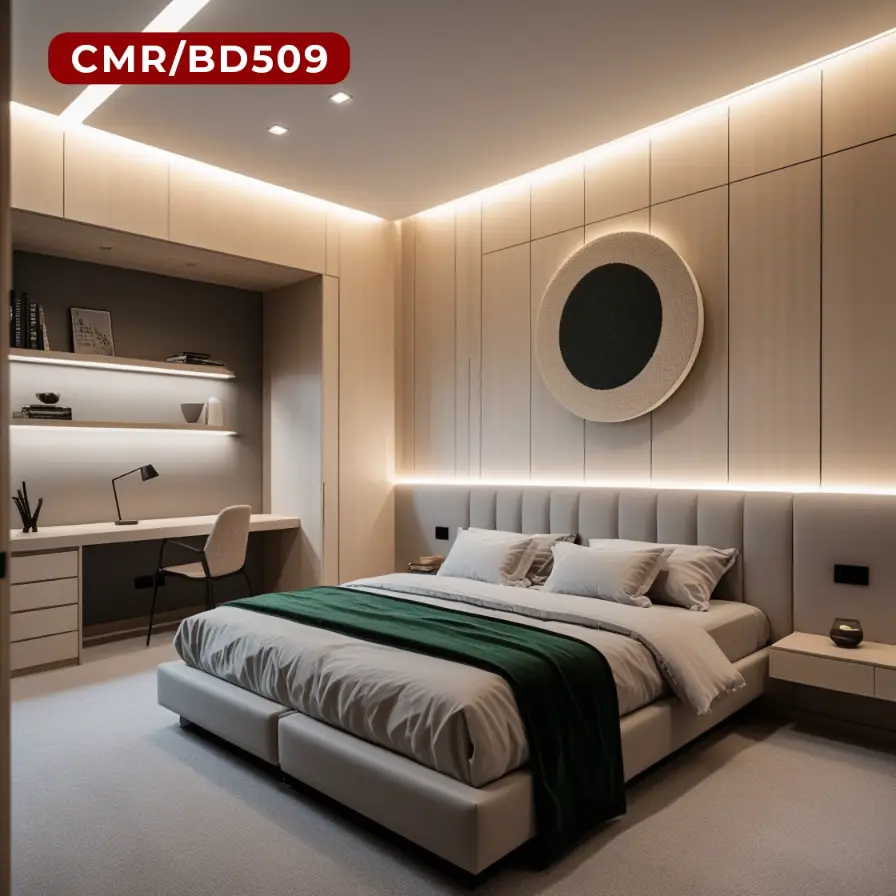 Bedroom with Built-in Study Nook and Warm Lighting