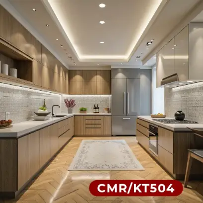 L-Shaped Kitchen with Wood-Tone Cabinets