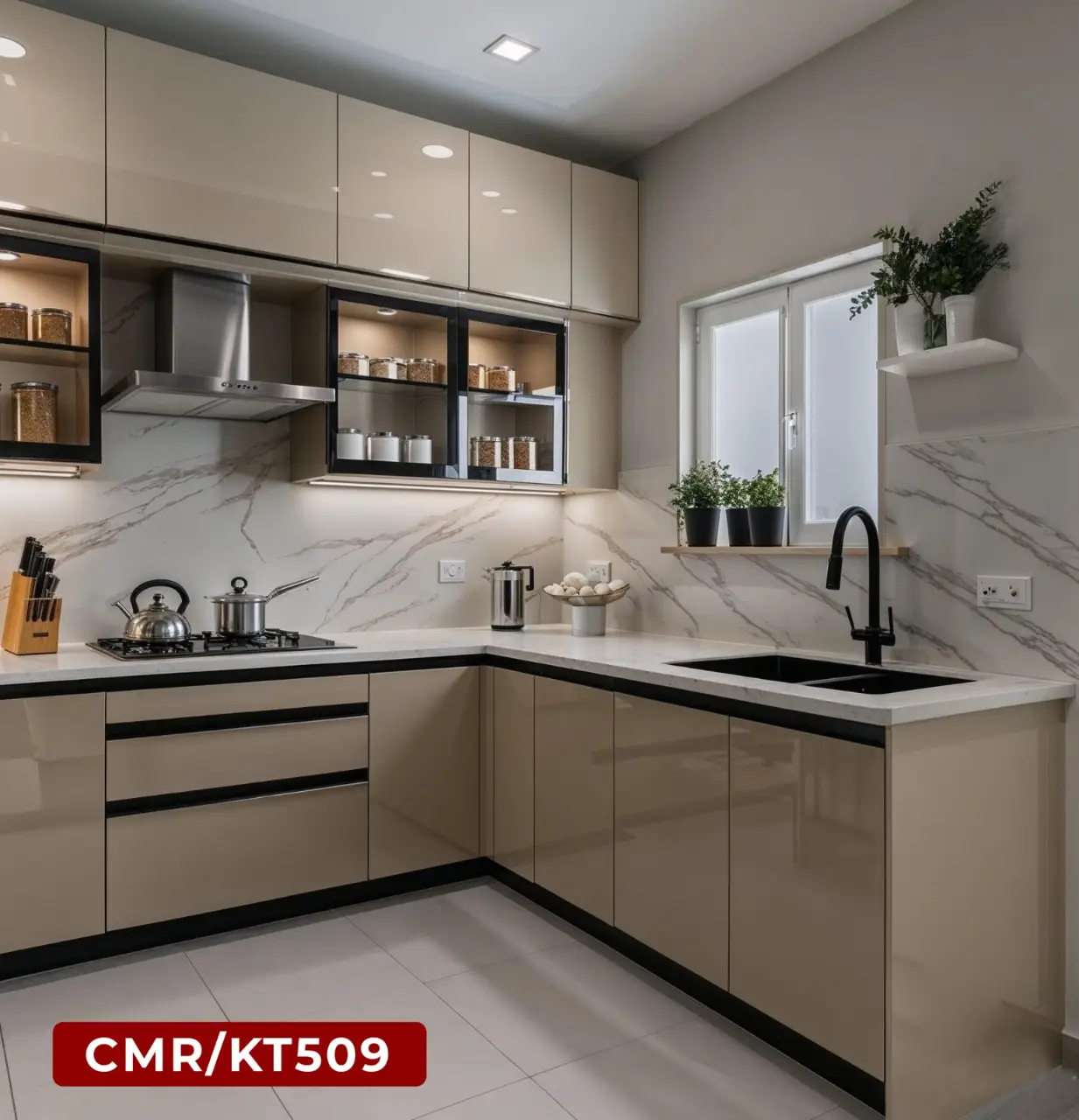 Beige Gloss Kitchen with Marble Backsplash