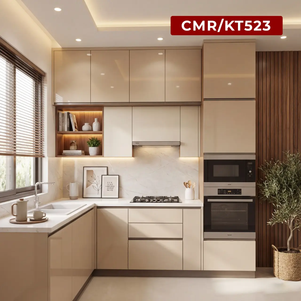 Beige Kitchen with Built-in Oven Tower and Wood Accent Wall